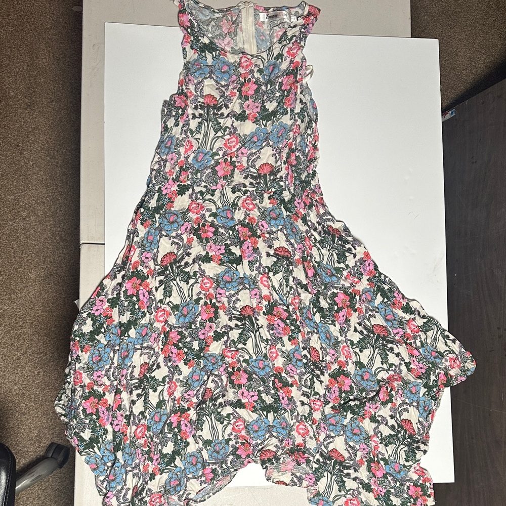 Sunny Girl Pink and Blue Asymmetrical Ruffled Maxi Sundress